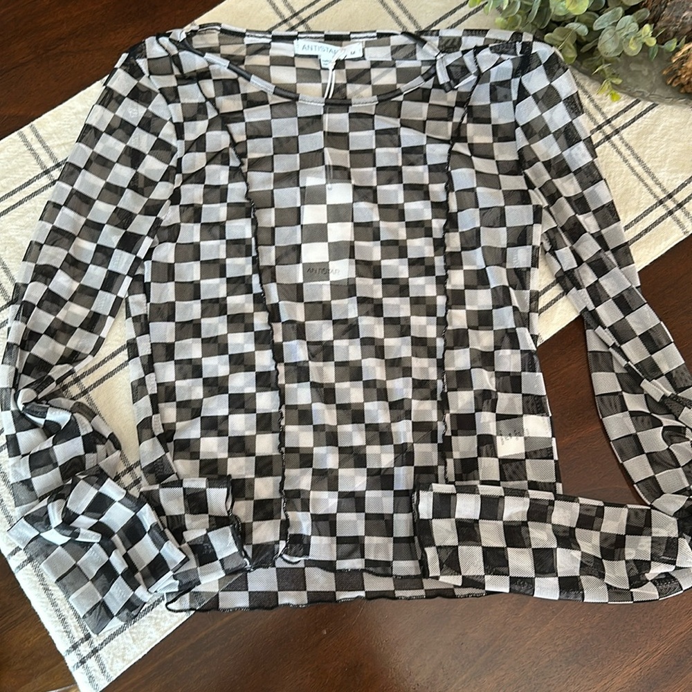 NWT ANTISTAR | Black White Checkered Sheer Mesh Stretch Fitted Long Sleeve Shirt